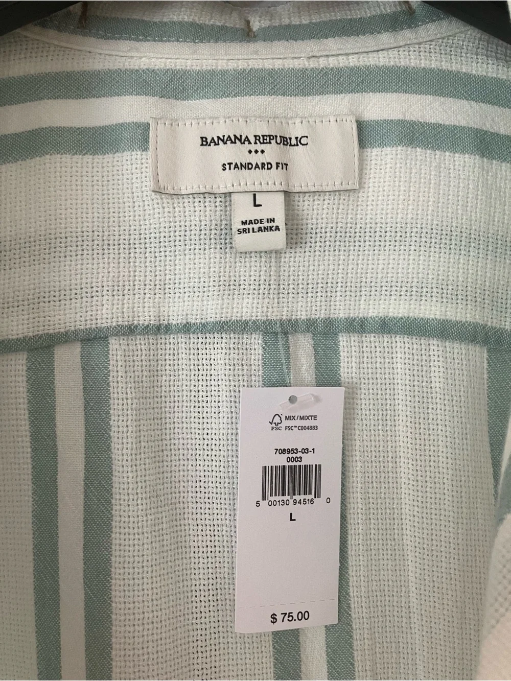 Banana Republic Light Green and White Vertical Stripe Short-Sleeve Shirt